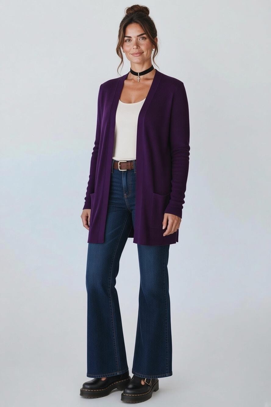 Louis Dell’Olio Sz M Plum Purple Open Front Ribbed Fine Knit Cardigan